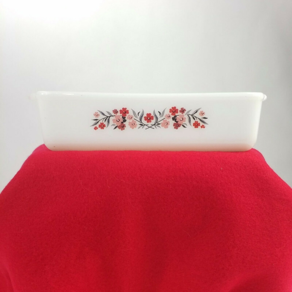 Vintage FIRE KING 8" Square White Milk Glass Ovenware Red & Pink Primrose 452